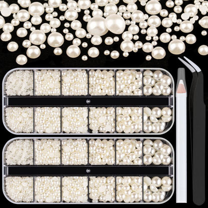 Picture of Belleboost Flat Back Pearls Kits 2 Boxes of Flatback Beige Half Round Pearls with Pickup Pencil and Tweezer for Home DIY and Professional Nail Art, Face Makeup and Craft
