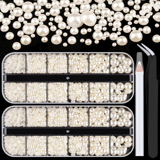 Picture of Belleboost Flat Back Pearls Kits 2 Boxes of Flatback Beige Half Round Pearls with Pickup Pencil and Tweezer for Home DIY and Professional Nail Art, Face Makeup and Craft