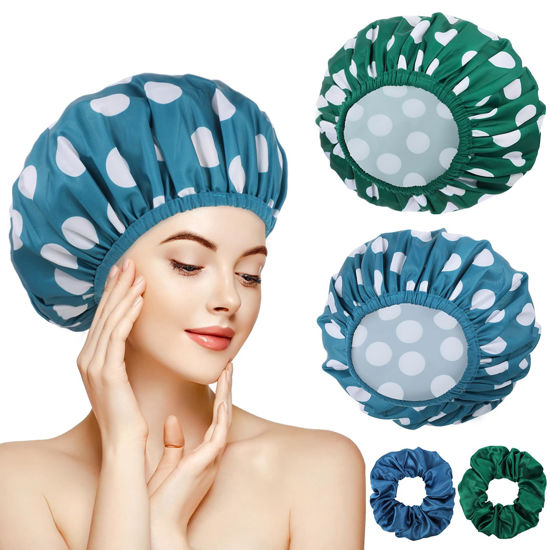 Picture of 2 Sets Large Shower Caps for Women, Waterproof Shower Cap Double Layers Bath Caps Stocking Stuffers for Women Long Thick Hair (Blue/Green)