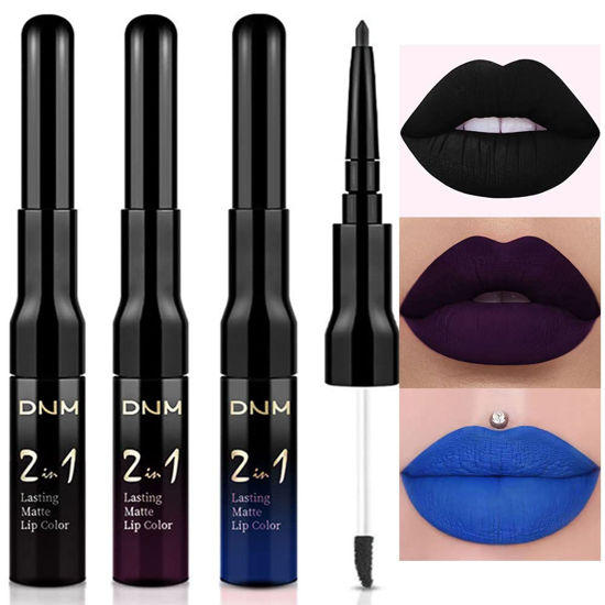 Picture of evpct 3Pcs Dark Blue Black Purple Matte Lip Liner and Liquid Lipstick Lip Gloss Stain Makeup Set Smudge Proof 24 Hours Original Long Lasting Matte Lipstick Waterproof labial mate larga duracion 24