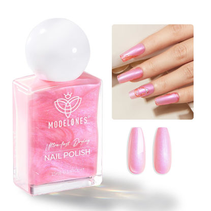 Picture of modelones Shine Pink Nail Polish, 15ml Shimmer Pearl Pink Nail Polish Quick Dry Nail Lacquer Strengthener Long Last Shine Fingernail Toe Nail Art DIY Home Travel Manicure Gift for Women Girls