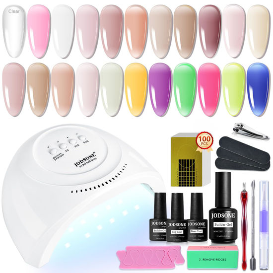 Picture of JODSONE Builder Gel Nail Kit with U V Light Base Top Coat 20 Colors High Shine Builder Gel and 100 PCS Extension Stickers