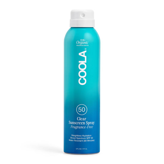 Picture of COOLA Organic Sunscreen SPF 50 Sunblock Spray, Dermatologist Tested Skin Care for Daily Protection, Vegan and Gluten Free, Fragrance Free, 6 Fl Oz
