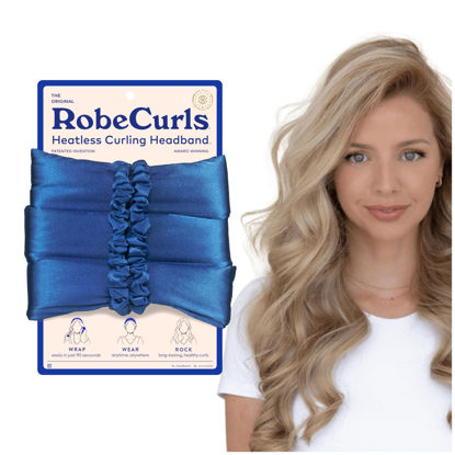 Picture of RobeCurls Heatless Hair Curler Set - Satin Curling Headband for Natural, No-Heat Curls - Sleep in Overnight Styling Tool with 2 Scrunchies for Women - Easy and Gentle on Hair (Cobalt)