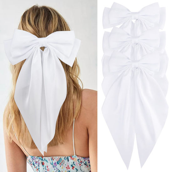 Picture of VELSCRUN Hair Bows for Women, 3Pcs Natural White Hair Clips, Big Hair Bows in Silky Satin, Oversized Long Tail Hair Barrettes, Hair Accessories, Christmas Gifts