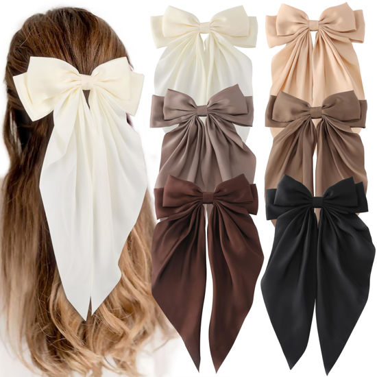 Picture of 6 PCS Hair Bows for Women, Big Bow Hair Clips for Girls, Silky Satin Hair Bows Clips Oversized Long Tail, Large Hair Barrettes Cute Aesthetic Hair Accessories, Metal Bow Hair Clips Neutral Color