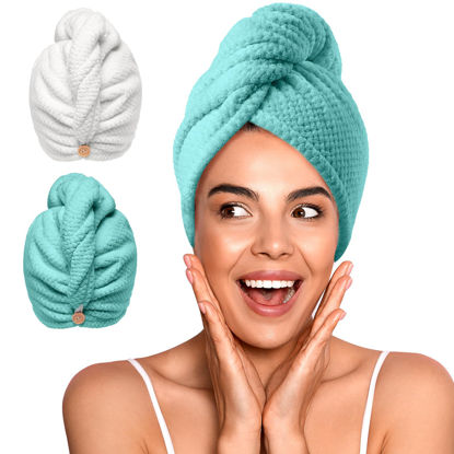 Picture of YFONG 2 Pack Microfiber Hair Towel Wrap for Women, Super Absorbent Quick Dry Hair Turban for All Hair Style Anti Frizz, Large Hair Drying Towel with Button