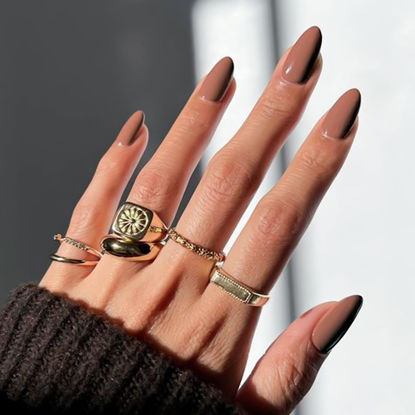 Picture of YOSOMK Coffee Brown Press on Nails Almond Medium Fake Nail Solid Color Full Cover Artificial False nails Glossy Manicure Glue on Acrylic Nails for Women