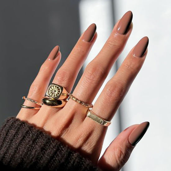 Picture of YOSOMK Coffee Brown Press on Nails Almond Medium Fake Nail Solid Color Full Cover Artificial False nails Glossy Manicure Glue on Acrylic Nails for Women