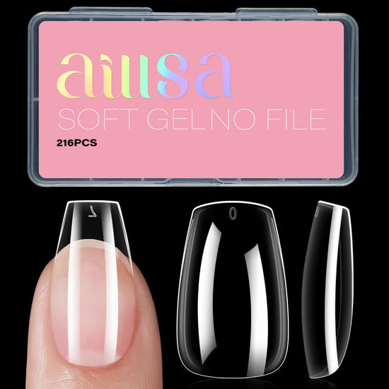 Picture of AILLSA Short Coffin Nails Clear Full Cover Nail Tips Medium Soft Gel Fake Nail Tips for DIY Press on Nail Extension, 216PCS 12 Sizes False Acrylic Preshaped Gelly Nail Tips for Women