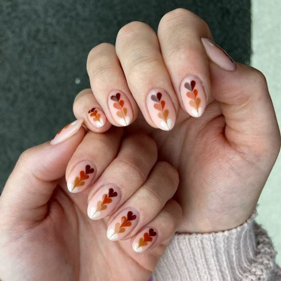 Picture of Heart Press on Nails Brown Fake Nails Short Almond False Nails with Design Love Glue on Nails Glossy Artificial Acrylic Nail Full Cover Nude Stick on Nails for Women Valentine's Day Manicure 24Pcs