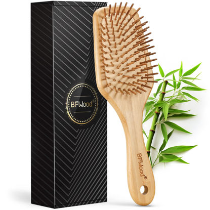 Picture of BFWood Bamboo Paddle Hairbrush with Bamboo Bristles for Massaging Scalp