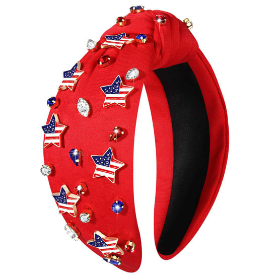 Picture of 4th of July Headbands for Women, 4th of July Accessories, American Flag Patriotic Headbands, Rhinestone Pearl Knotted Headbands Beads Embellished Jeweled Headbands Holiday Gifts (Star B - Red)