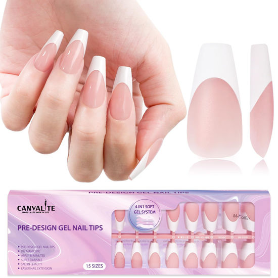 Picture of Canvalite French Tip Press on Nails Gel Nail Tips - 300Pcs Pre-Colored Quick and Easy Fake Nails with Designs Coffin Nails Tips Press on Nails Long DIY Nail Extensions, Pink White
