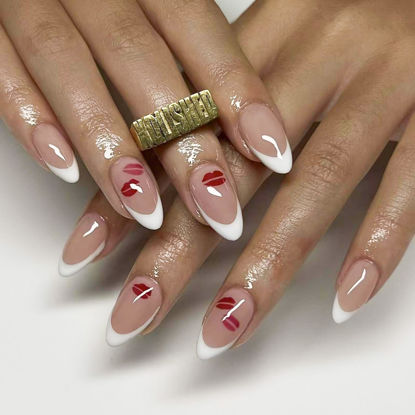 Picture of White French Tip Press on Nails Lip Print Fake Nails Medium Almond False Nails with Design Nude Glue on Nails Glossy Artificial Acrylic Full Cover Stick on Nails for Women Valentine's Day Manicure