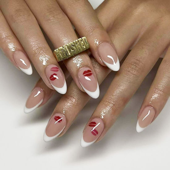 Picture of White French Tip Press on Nails Lip Print Fake Nails Medium Almond False Nails with Design Nude Glue on Nails Glossy Artificial Acrylic Full Cover Stick on Nails for Women Valentine's Day Manicure