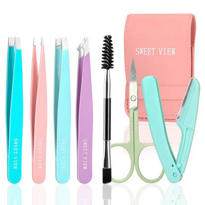 Picture of SWEET VIEW 7pcs Eyebrow Tweezers Set, Stainless Steel Tweezers for Women and Man, Precision Plucker Tweezers for Facial Hair, Chin, Eyebrow, Splinter and Ingrown Hair