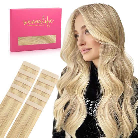 Picture of WENNALIFE Tape in Hair Extensions Human Hair Light Blonde Highlighted Golden Blonde Tape in Extensions, 10pcs 25g 14 inch Remy Invisible Tape Ins Straight Soft Real Human Hair Tape in Extensions
