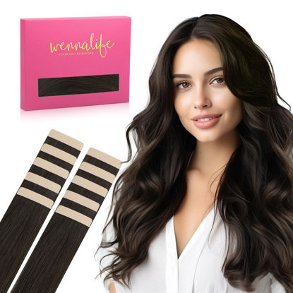 Picture of WENNALIFE Tape in Hair Extensions Human Hair Dark Brown Tape in Extensions, 10pcs 20g 12 inch Remy Invisible Tape Ins Straight Colored Soft Real Human Hair Tape in Extensions Refill Set Extensions