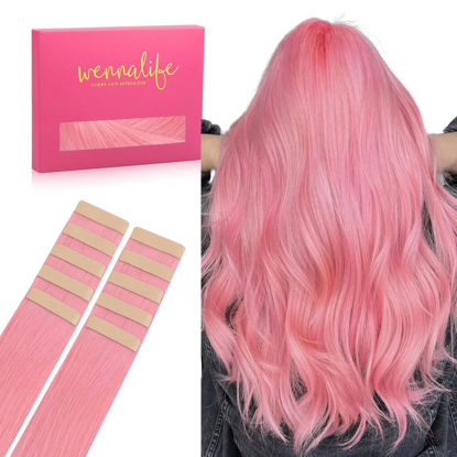 Picture of WENNALIFE Tape in Hair Extensions Human Hair Peach Pink Tape in Extensions, 10pcs 25g 14 inch Remy Invisible Tape Ins Straight Colored Soft Real Human Hair Tape in Extensions Refill Set Extensions