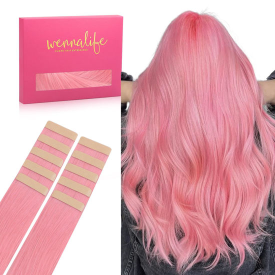 Picture of WENNALIFE Tape in Hair Extensions Human Hair Peach Pink Tape in Extensions, 10pcs 25g 14 inch Remy Invisible Tape Ins Straight Colored Soft Real Human Hair Tape in Extensions Refill Set Extensions