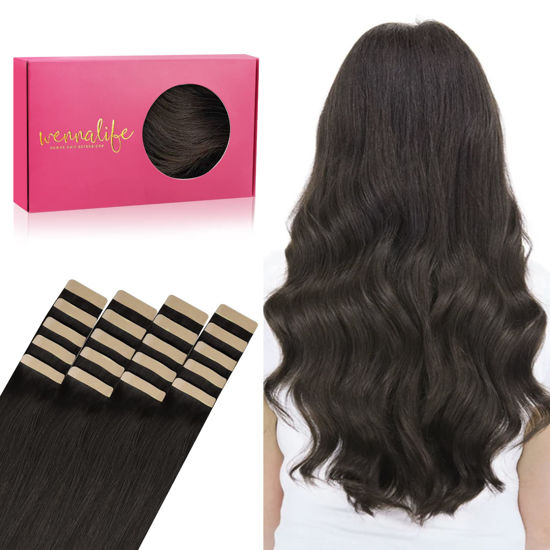Picture of WENNALIFE Tape in Hair Extensions Human Hair, 20pcs 40g 12 inch Dark Brown Remy Hair Extensions Straight Human Hair Tape in Extensions Skin Weft Tape Extensions Human Hair