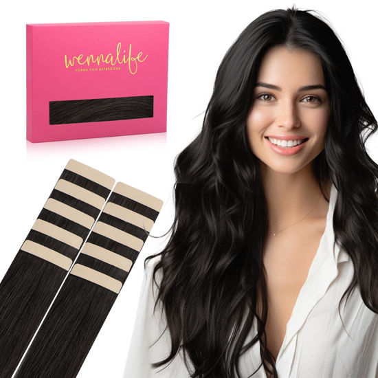 Picture of WENNALIFE Tape in Hair Extensions Human Hair Natural Black Tape in Extensions, 10pcs 20g 10 inch Remy Invisible Tape Ins Straight Colored Soft Real Human Hair Tape in Extensions Refill Set Extensions