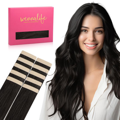 Picture of WENNALIFE Tape in Hair Extensions Human Hair Natural Black Tape in Extensions, 10pcs 25g 16 inch Remy Invisible Tape Ins Straight Colored Soft Real Human Hair Tape in Extensions Refill Set Extensions