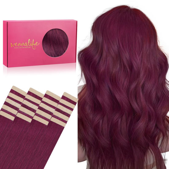 Picture of WENNALIFE Tape in Hair Extensions Human Hair, 20pcs 50g 16 inch Light Burgundy Remy Hair Extensions Straight Human Hair Tape in Extensions Skin Weft Tape Extensions Human Hair