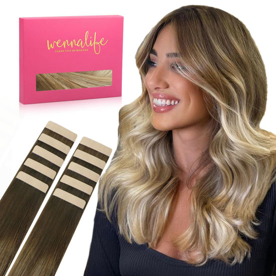 Picture of WENNALIFE Tape in Hair Extensions Human Hair Ombre Walnut Brown to Ash Brown and Bleach Blonde Tape in Extensions, 10pcs 20g 12 inch Remy Invisible Tape Ins Straight Real Human Hair Tape in Extensions