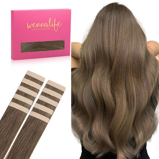 Picture of WENNALIFE Tape in Hair Extensions Human Hair Light Ash Brown Tape in Extensions, 10pcs 30g 24 inch Remy Invisible Tape Ins Straight Colored Soft Real Human Hair Tape in Extensions Refill Set
