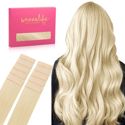Picture of WENNALIFE Tape in Hair Extensions Human Hair Platinum Blonde Tape in Extensions, 10pcs 25g 14 inch Remy Invisible Tape Ins Straight Soft Real Human Hair Tape in Extensions Refill Set Extensions
