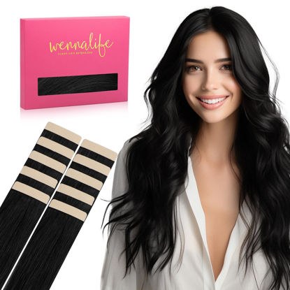 Picture of WENNALIFE Tape in Hair Extensions Human Hair Jet Black Tape in Extensions, 10pcs 20g 12 inch Remy Invisible Tape Ins Straight Colored Soft Real Human Hair Tape in Extensions Refill Set Extensions