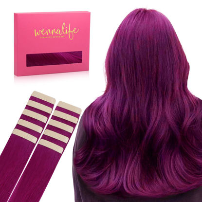 Picture of WENNALIFE Tape in Hair Extensions Human Hair Violet Tape in Extensions, 10pcs 20g 12 inch Remy Invisible Tape Ins Straight Colored Soft Real Human Hair Tape in Extensions Refill Set Extensions