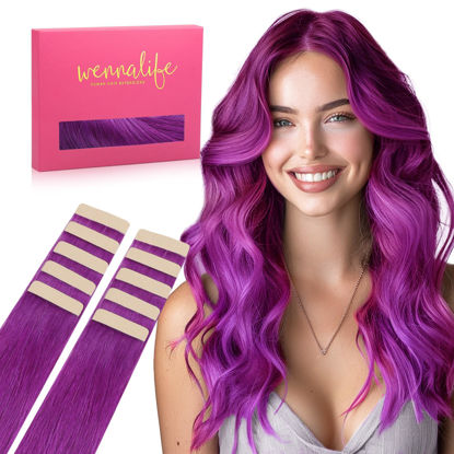 Picture of WENNALIFE Tape in Hair Extensions Human Hair Purple Tape in Extensions, 10pcs 25g 18 inch Remy Invisible Tape Ins Straight Colored Soft Real Human Hair Tape in Extensions Refill Set Extensions