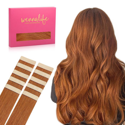 Picture of WENNALIFE Tape in Hair Extensions Human Hair Dirty Ginger Tape in Extensions, 10pcs 25g 16 inch Remy Invisible Tape Ins Straight Colored Soft Real Human Hair Tape in Extensions Refill Set Extensions