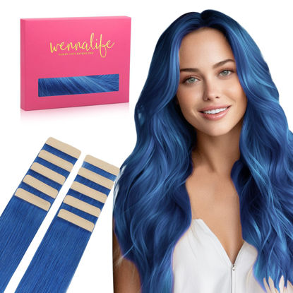 Picture of WENNALIFE Tape in Hair Extensions Human Hair Blue Tape in Extensions, 10pcs 20g 12 inch Remy Invisible Tape Ins Straight Colored Soft Real Human Hair Tape in Extensions Refill Set Extensions