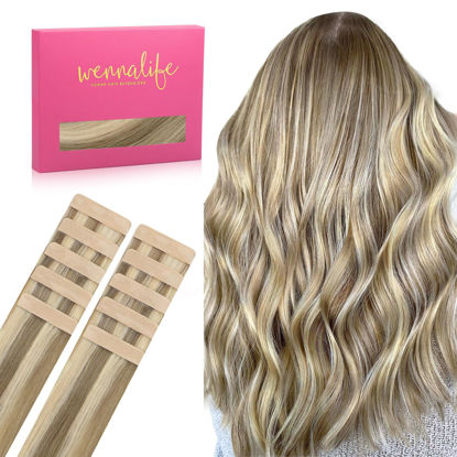 Picture of WENNALIFE Tape in Hair Extensions Human Hair Ash Brown Highlighted Golden Blonde Tape in Extensions, 10pcs 25g 16 inch Remy Invisible Tape Ins Straight Colored Soft Tape in Extensions Refill Set