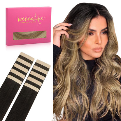 Picture of WENNALIFE Tape in Hair Extensions Human Hair Dark Brown to Chestnut Brown and Dirty Blonde Highlighted Tape in Extensions, 10pcs 20g 10 inch Remy Invisible Tape Ins Straight Colored Soft Refill Set