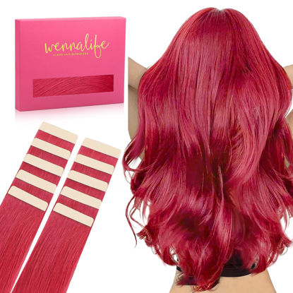 Picture of WENNALIFE Tape in Hair Extensions Human Hair Red Tape in Extensions, 10pcs 25g 14 inch Remy Invisible Tape Ins Straight Colored Soft Real Human Hair Tape in Extensions Refill Set Extensions