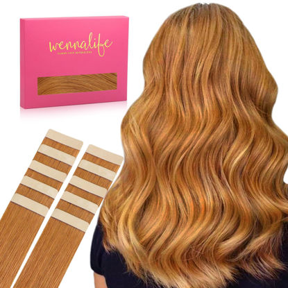 Picture of WENNALIFE Tape in Hair Extensions Human Hair Auburn Ginger Tape in Extensions, 10pcs 30g 20 inch Remy Invisible Tape Ins Straight Colored Soft Real Human Hair Tape in Extensions Refill Set Extensions
