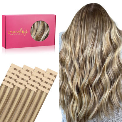 Picture of WENNALIFE Tape in Hair Extensions Human Hair, 20pcs 30g 10 inch Ash Brown Highlighted Golden Blonde Remy Hair Extensions Straight Human Hair Tape in Extensions Skin Weft Tape Extensions Human Hair