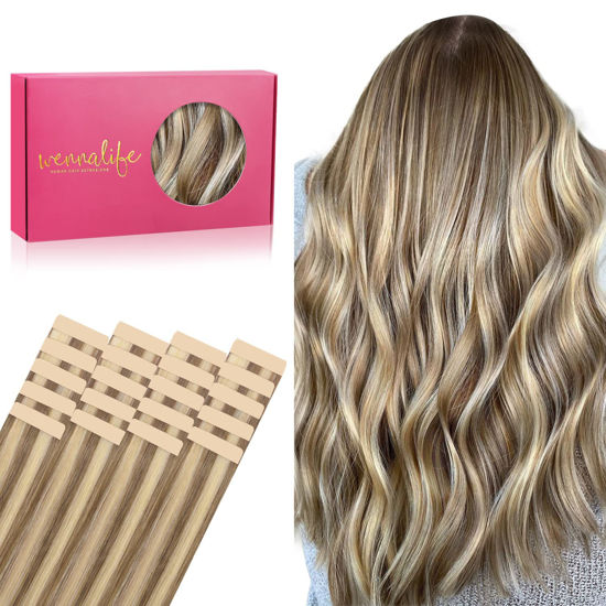 Picture of WENNALIFE Tape in Hair Extensions Human Hair, 20pcs 30g 10 inch Ash Brown Highlighted Golden Blonde Remy Hair Extensions Straight Human Hair Tape in Extensions Skin Weft Tape Extensions Human Hair