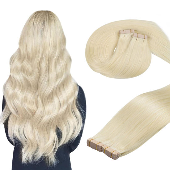 Picture of DOORES Tape in Human Hair Extensions, Platinum Blonde 16 Inch 100g 40pcs, Remy Hair Extensions Tape in Straight Skin Weft Real Natural Hair