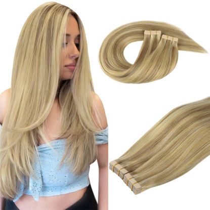 Picture of DOORES Hair Extensions Tape in, Balayage Light Blonde Highlighted Golden Blonde 16 Inch 40pcs 100g, Tape in Human Hair Extensions Straight Natural Hair Extensions
