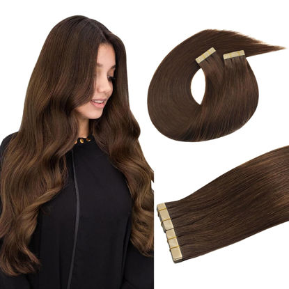 Picture of DOORES Tape in Hair Extensions Human Hair, Chocolate Brown 20 Inch 40pcs 100g, Human Hair Extensions Tape in Remy Straight Real Hair Extensions Skin Weft