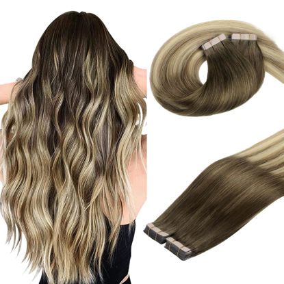 Picture of DOORES Hair Extensions Tape in Human Hair, Balayage Walnut Brown to Ash Brown and Bleach Blonde 14 Inch 100g 40pcs, Tape in Human Hair Extensions Straight Remy Hair