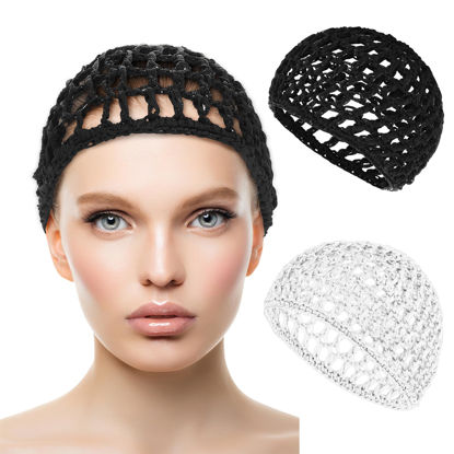 Picture of WLLHYF Net Shower Cap 2 PCS Drying Curly Hair Care Spa Hat Wrap Cover Stretchy Knit Nets Hairnet Mesh Crochet Sleep Back Bathing Sleeping Bonnet(black/white)