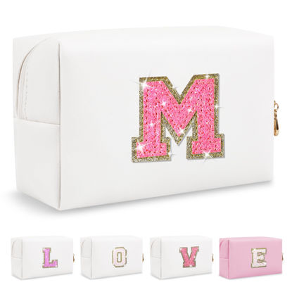 Picture of Small Personalized Initial A-Z Patch Makeup Bag,White Cute PU Leather Glitter Letter Cosmetic Bag for Teen Girls,Travel Toiletry Bag with Zipper,Preppy Monogrammed Birthday Gift for Daughter Niece M