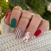 Picture of Christmas Press on Nails Short Square Fake Nails Full Cover Green Red False Nails Glossy Winter Nail Tips with Colorful Stripes Designs Cute Christmas Acrylic Nails Kit Short Stick on Nails for Women